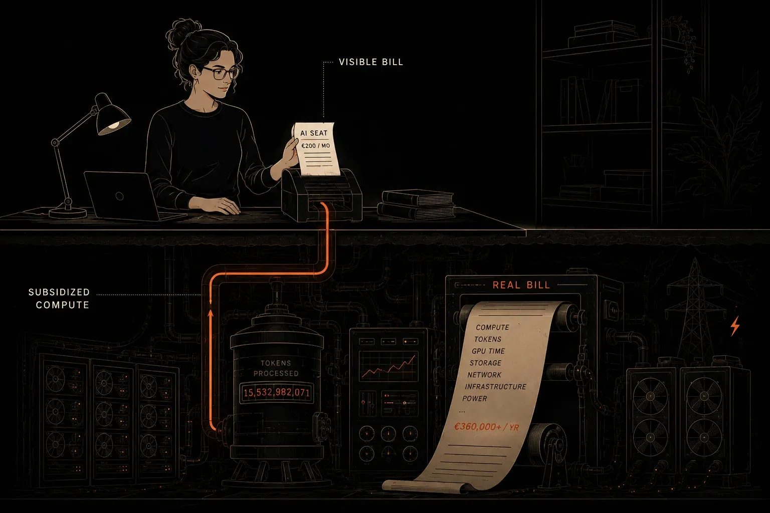 A two-tier illustration. Above ground, an engineer at a desk holds up a small slip labeled "AI SEAT, $20/mo", labelled "VISIBLE BILL". Below ground, a long unrolled scroll labeled "REAL BILL" lists compute, GPU time, storage, network, infrastructure and other line items, fed by a glowing orange pipe labelled "SUBSIDIZED COMPUTE" running down from the desk into a data-center furnace.